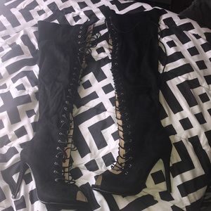 Black Thigh High Lace Up Boots